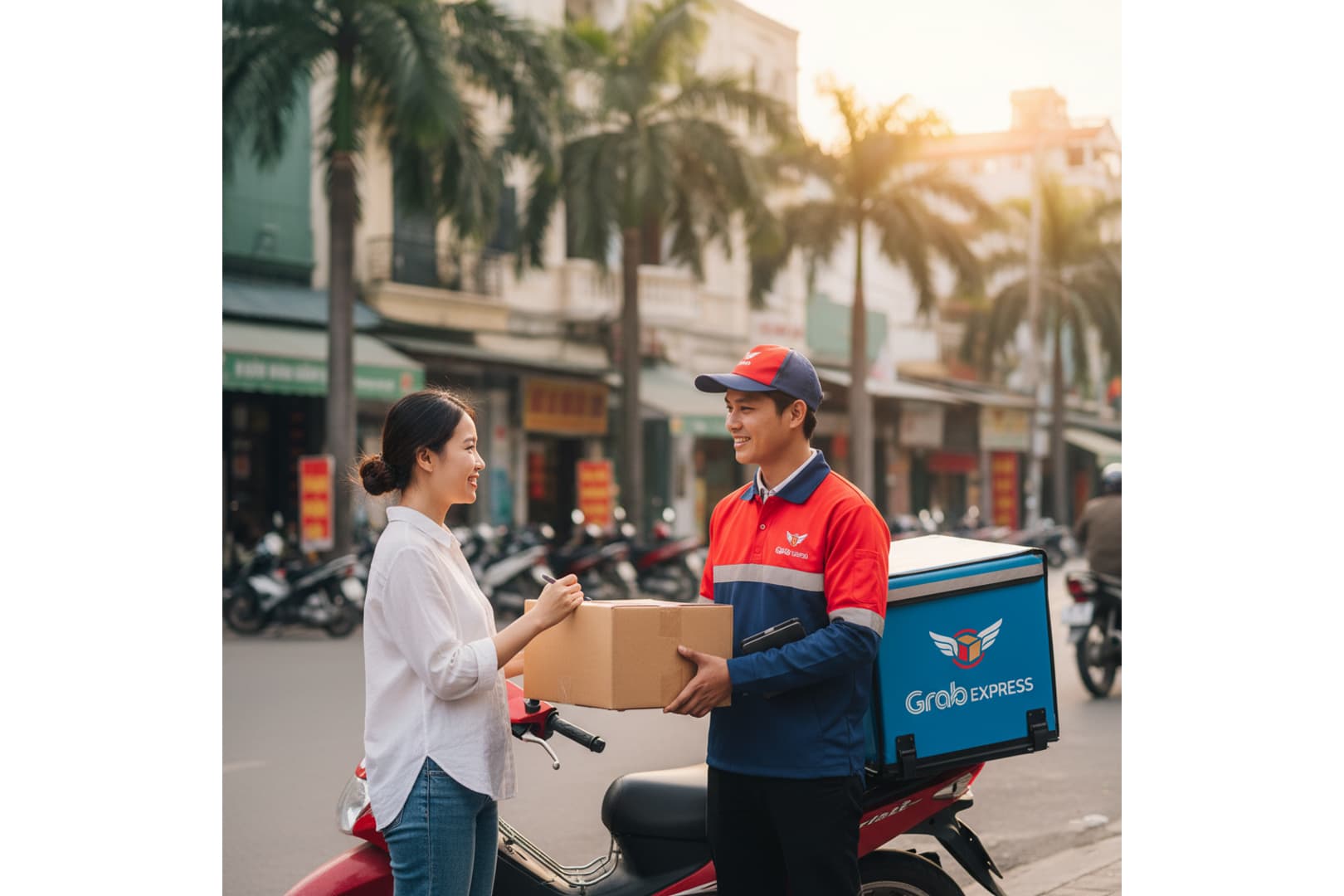 Ảnh: nhân viên giao hàng chuyển phát nhanh trao kiện hàng cho khách hàng